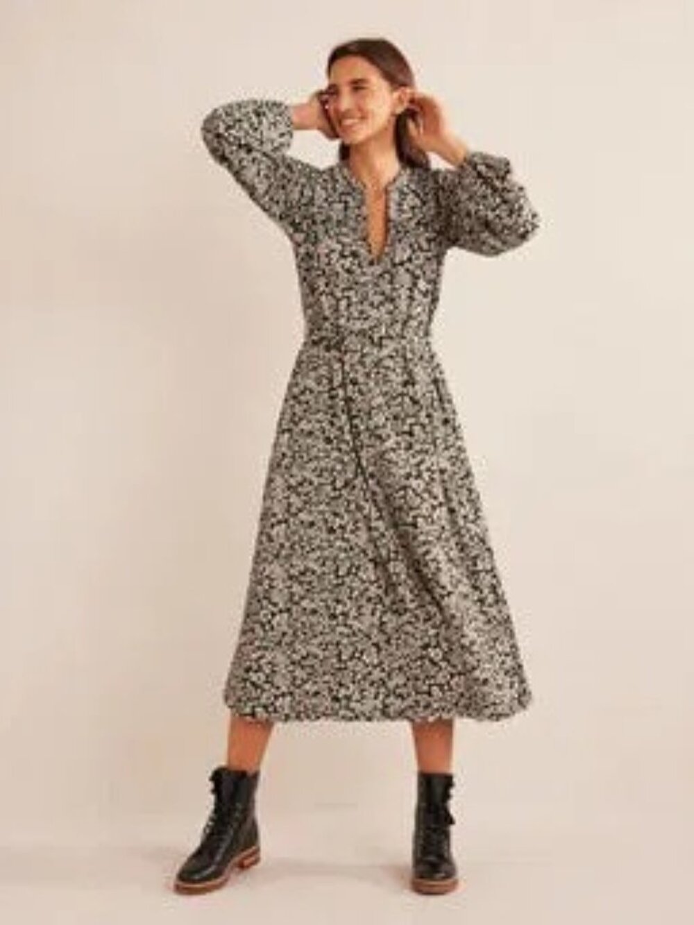 NWT Boden Notch Neck Jersey Midi Dress Black Floral Size 12P
